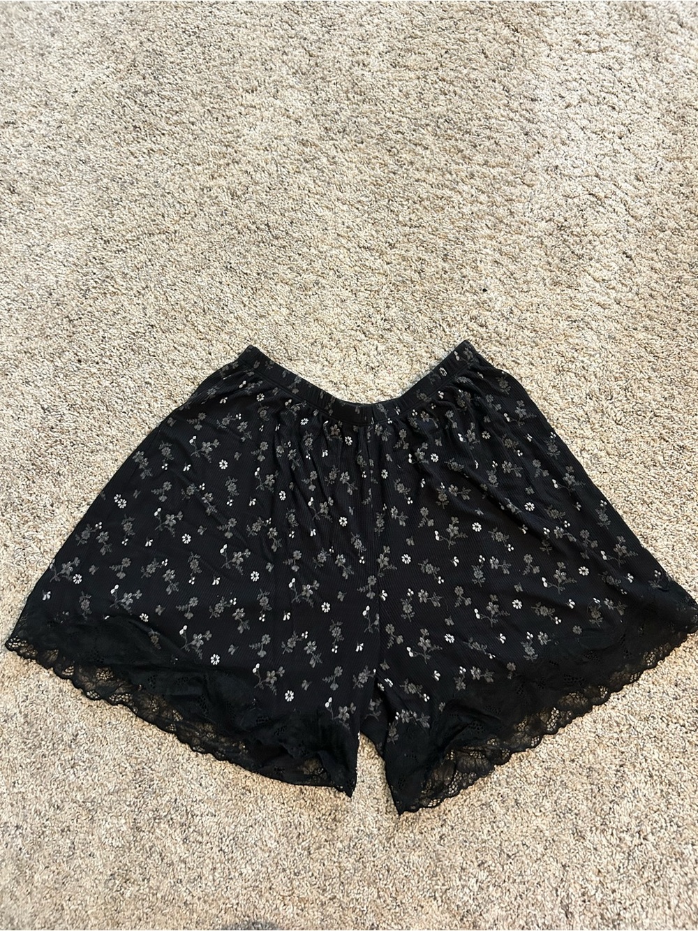 aerie Black Floral Lace-Trim Sleep Shorts